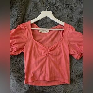 American Threads Pink Puff Sleeve Crop Top